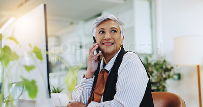 Buy stock photo Business, mature woman and phone call in office to interview source, information and article ideas. Journalist, mobile and thinking for story feedback, contact editor and chat of publication schedule