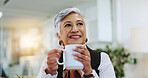 Thinking, coffee break and mature business woman in office for inspiration, ideas and agency solution. Professional, corporate and worker with beverage for planning, positive mindset and relax