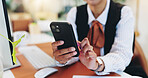 Business person, hands and typing with phone in office for research, communication or social media. Employee, event planner or browsing on mobile smartphone for app or network connection in workplace