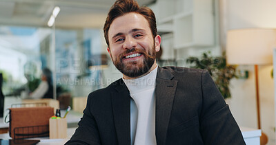 Buy stock photo Happy, professional and portrait of businessman in office with confidence for creative career. Smile, positive attitude and male magazine editor from Italy with pride for job opportunity in workplace