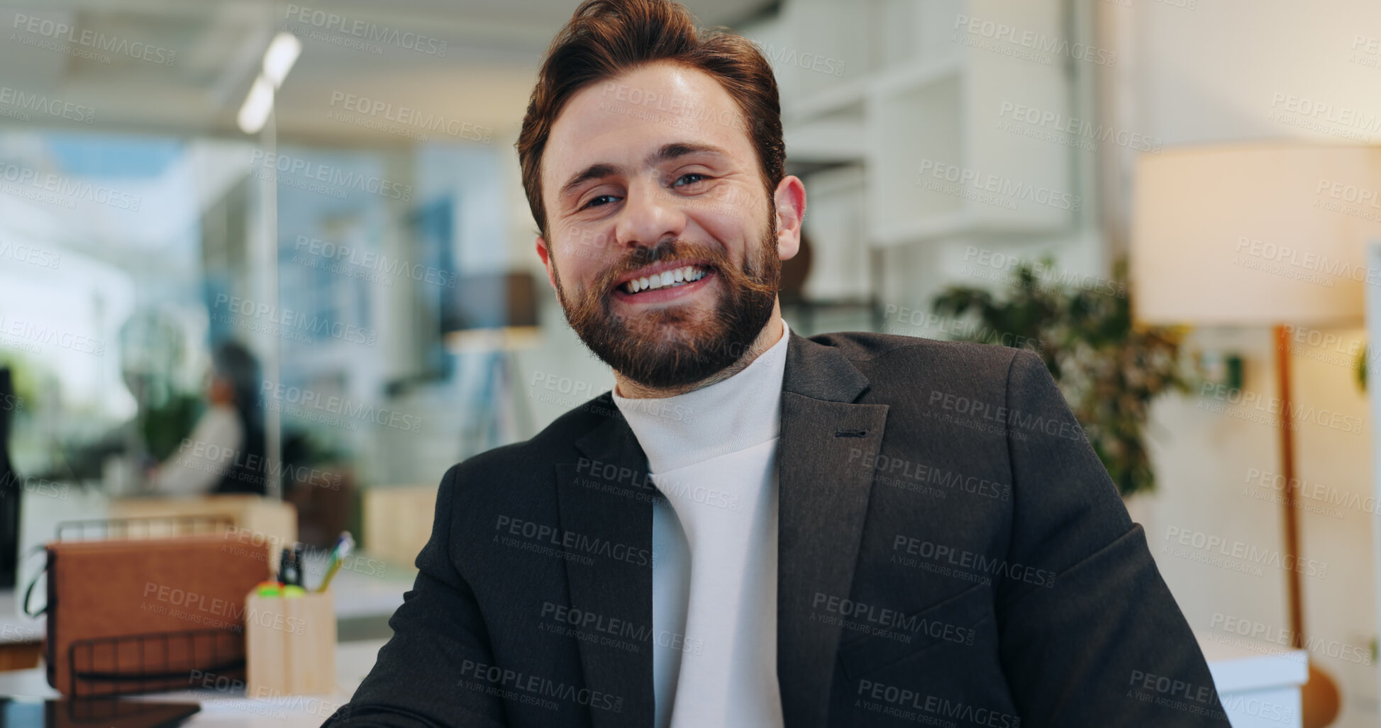 Buy stock photo Happy, professional and portrait of businessman in office with confidence for creative career. Smile, positive attitude and male magazine editor from Italy with pride for job opportunity in workplace