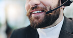 Call center, business man and mouth for consulting, communication or lead generation for sale. Telemarketing, lips or agent talking closeup for update, outbound marketing or contact us with headset