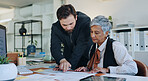 Man, woman and data analysis with documents at office, finance results, stats or team review at company. Partnership, paperwork and feedback for tax compliance, point and audit inspection at agency