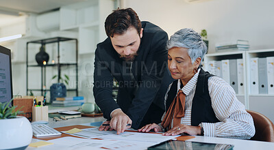 Buy stock photo Man, woman and data analysis with documents at office, finance results, stats or team review at company. Partnership, paperwork and feedback for tax compliance, point and audit inspection at agency