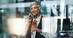 Mature woman, talking and phone call in office to interview source, information and article ideas. Journalist, mobile and discussion with story facts, contact editor and chat for publication schedule