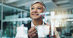 Planning, coffee break and business woman in office by glass for inspiration, ideas and solution. Thinking, employee and mature worker with warm beverage for smile, positive mindset and relax