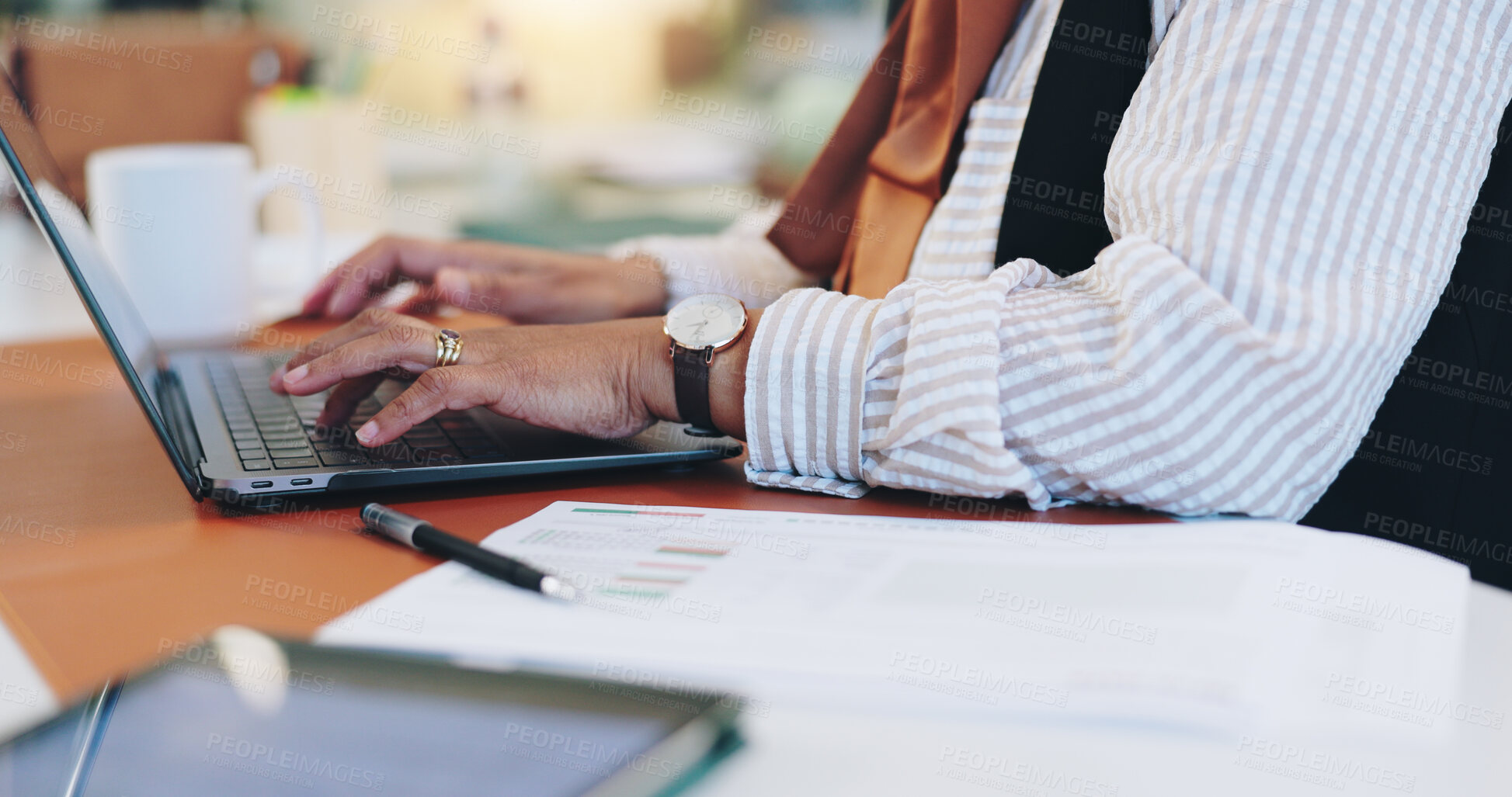 Buy stock photo Laptop, typing and hands of business person for planning, progress report and account manager. Research, online portfolio and budget proposal with employee in office for review and development