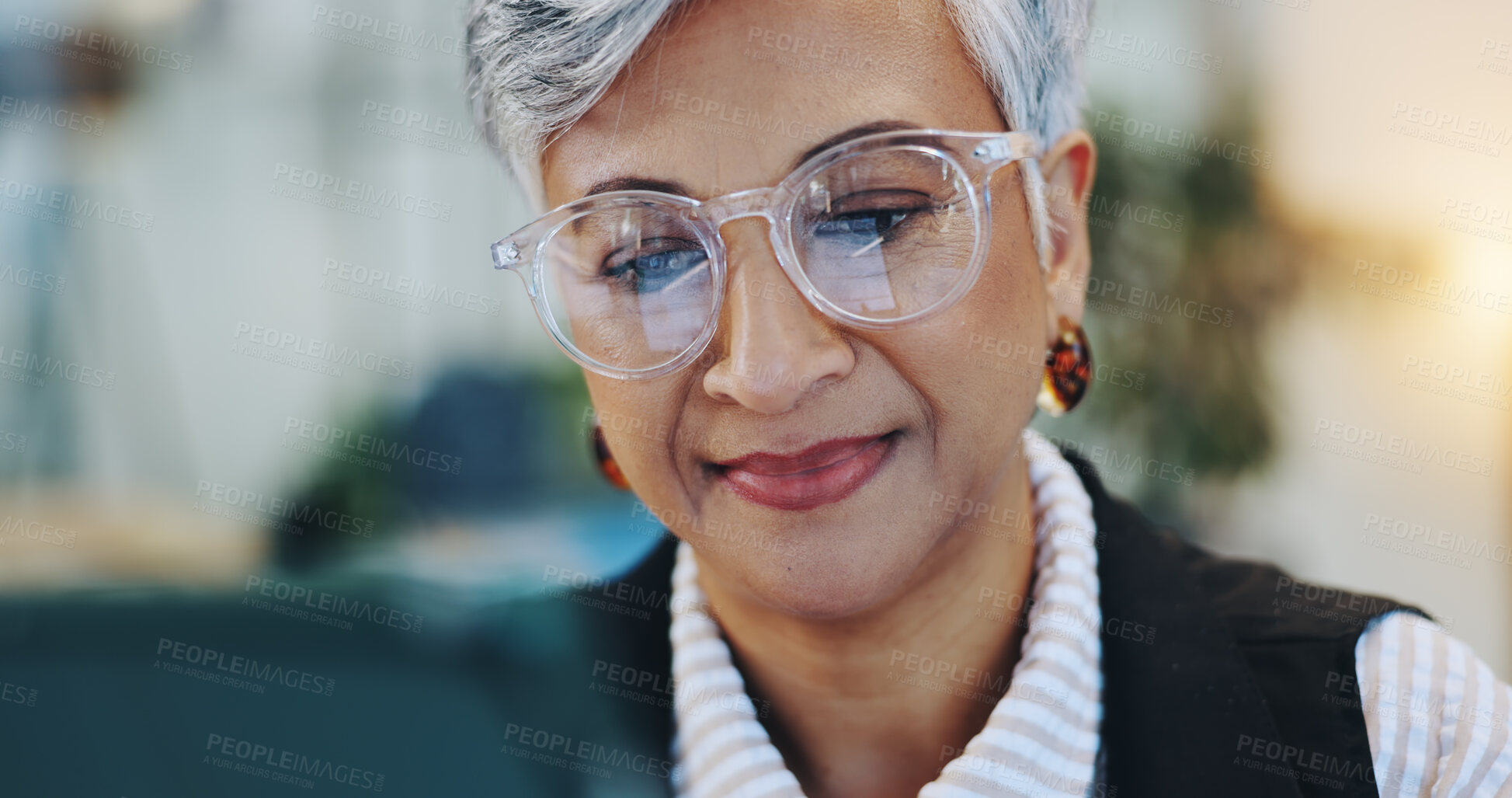 Buy stock photo Smile, woman and reading on tablet in office for editor agenda, information and article post. Mature journalist, glasses and reflection of digital for proofreading, update draft and story publication