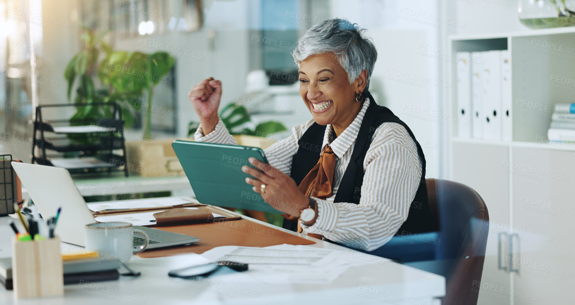 Buy stock photo Smile, fist pump and tablet with business woman in office for research, client assessment and portfolio profit. Project success, account growth and excited with mature person for online update