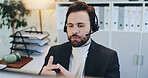 Call center, business man and sales consultant with communication for lead generation or crm. Telemarketing, agent and listening to customer for feedback, outbound marketing or contact us with tech