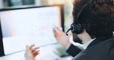 Buy stock photo Virtual advisor, computer or man in call center for advice, consulting client or business loan help. Headset, finance consultant or agent talking for telemarketing, support or communication on screen