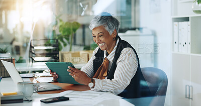 Buy stock photo Smile, excited and tablet with business woman in office for research, client assessment and portfolio profit. Project success, account growth and reading with mature person for online update