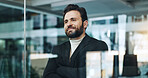 Happy, man and thinking with arms crossed in office, ambitious and confident for career development. Contemplating, employee and person with smile for opportunity, reflection and realtor with pride