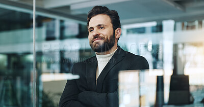 Buy stock photo Happy, man and thinking with arms crossed in office, ambitious and confident for career development. Contemplating, employee and person with smile for opportunity, reflection and realtor with pride