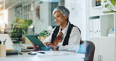Buy stock photo Happy, woman and reading on tablet in office for editor feedback, information and article post. Mature journalist, digital and proofreading of latest new, update draft and review story of publication