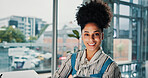 Portrait, woman and employee with tablet in office, confident or graphic design with tech or online. Happy, African person and web designer with pride in creative agency, ambitious and brand identity