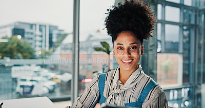 Buy stock photo Portrait, woman and employee with tablet in office, confident or graphic design with tech or online. Happy, African person and web designer with pride in creative agency, ambitious and brand identity