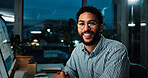 Portrait, night and happy businessman in office for financial analysis with computer screen. Smile, glasses and investment analyst on overtime for stock market, trading and career at workplace