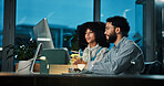 Colleagues, planning and collaboration with computer, night and journalist with project or research. Reading, website and people with tech for story, creative or working late for article in newsroom