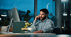 Computer, night and phone call with man trading in office for project management deadline. Communication, negotiation and update with business broker at work in evening for stock marker review