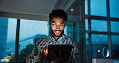 Buy stock photo Tablet, finance and businessman in office at night analyzing stock market by window for trading. Digital technology, professional and male financial analyst with online report for investment research