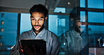 Tablet, window and businessman in office at night analyzing stock market with research for trading. Digital technology, professional and financial analyst with online finance report for investment.