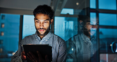 Buy stock photo Tablet, window and businessman in office at night analyzing stock market with research for trading. Digital technology, professional and financial analyst with online finance report for investment.