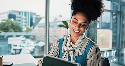 Buy stock photo Woman, reading and tablet with smile in office for feedback, information and article post. Female journalist, happy and digital with research for proofreading news, update draft and story publication