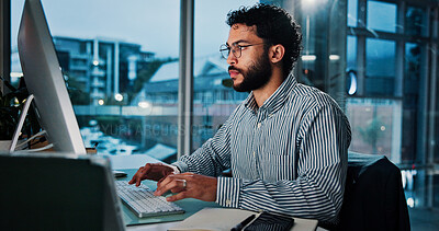 Buy stock photo Computer, night and typing with business man in office for investment or stock market trading. Economy, exchange and money with financial broker in workplace for evening portfolio management