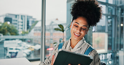 Buy stock photo Happy, woman and reading on tablet in office with feedback, information and article post. Smile, female journalist and digital with research for proofreading news, update draft and story publication