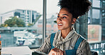 Smile, creative and woman on tablet in office for reading feedback, editing article and post story. Happy, journalist and tech for proofreading news, schedule update and information for publication