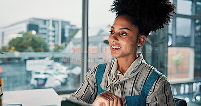Buy stock photo Smile, creative and woman on tablet in office for reading feedback, editing article and post story. Happy, journalist and tech for proofreading news, schedule update and information for publication