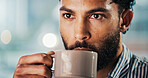 Businessman, thinking and drinking with coffee in office for project deadline, analysis or decision. Man, employee or analyst contemplating with cup or mug of caffeine for business choice or idea