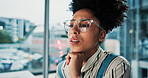 Glasses, information and reading with business woman in office for report, research or review. Face, planning and thinking with employee in urban workplace for online administration or web search