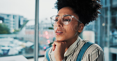 Buy stock photo Glasses, information and reading with business woman in office for report, research or review. Face, planning and thinking with employee in urban workplace for online administration or web search