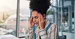 Frustrated woman, headache and pain with stress in office for overworked, pressure or strain. Female person, employee or anxiety with migraine for mental health, fatigue or deadline in workplace