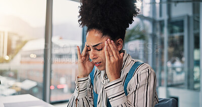 Buy stock photo Frustrated woman, headache and pain with stress in office for overworked, pressure or strain. Female person, employee or anxiety with migraine for mental health, fatigue or deadline in workplace