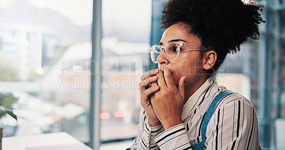 Buy stock photo Biting nails, mistake and stress with business woman in office for reaction to crisis or loss. Anxiety, nervous and worry with employee in workplace for bankruptcy or failed debt review of company
