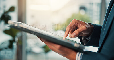 Buy stock photo Accounting, hands and tablet with corporate person in office for financial research or review. App, finance and report with business employee in workplace for professional asset or risk management