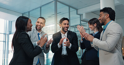 Buy stock photo Business, people or excited with clapping in office for team achievement, celebration and success. Corporate, employees and happy with applause in meeting for support, staff performance and good news