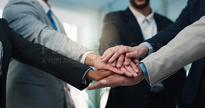 Buy stock photo Hands, pile and business people with teamwork, solidarity or corporate collaboration. Together, support and group of workers with cooperation for goal, motivation and target with synergy in office
