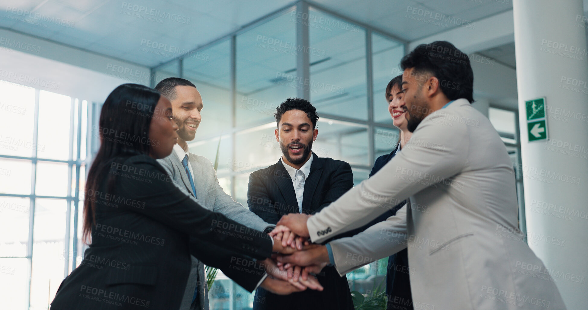 Buy stock photo Collaboration, huddle and support with business people in office for celebration or motivation. Stack of hands, success and team building with corporate employee group in workplace for achievement