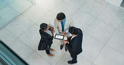 Buy stock photo Meeting, lobby and above of business people on tablet for planning, discussion and finance review. Professional, corporate and workers on digital tech for online proposal, budget report and feedback