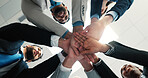 Team building, below and business people stack hands for corporate support or collaboration. Smile, low angle and group of employees together in circle for cooperation, diversity or mission in office