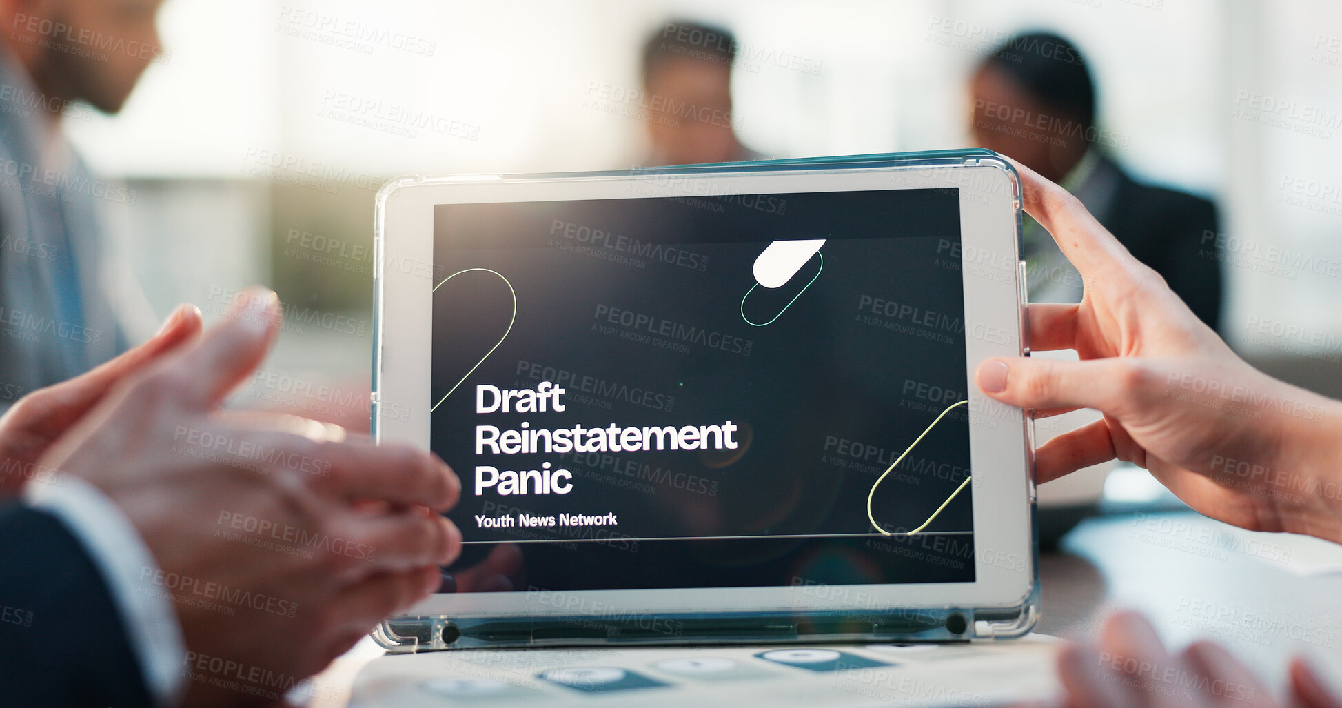 Buy stock photo Business people, hands and meeting with tablet screen for project, draft or company reinstatement. Closeup, employees or group with technology display for corporate proposal or briefing in workplace
