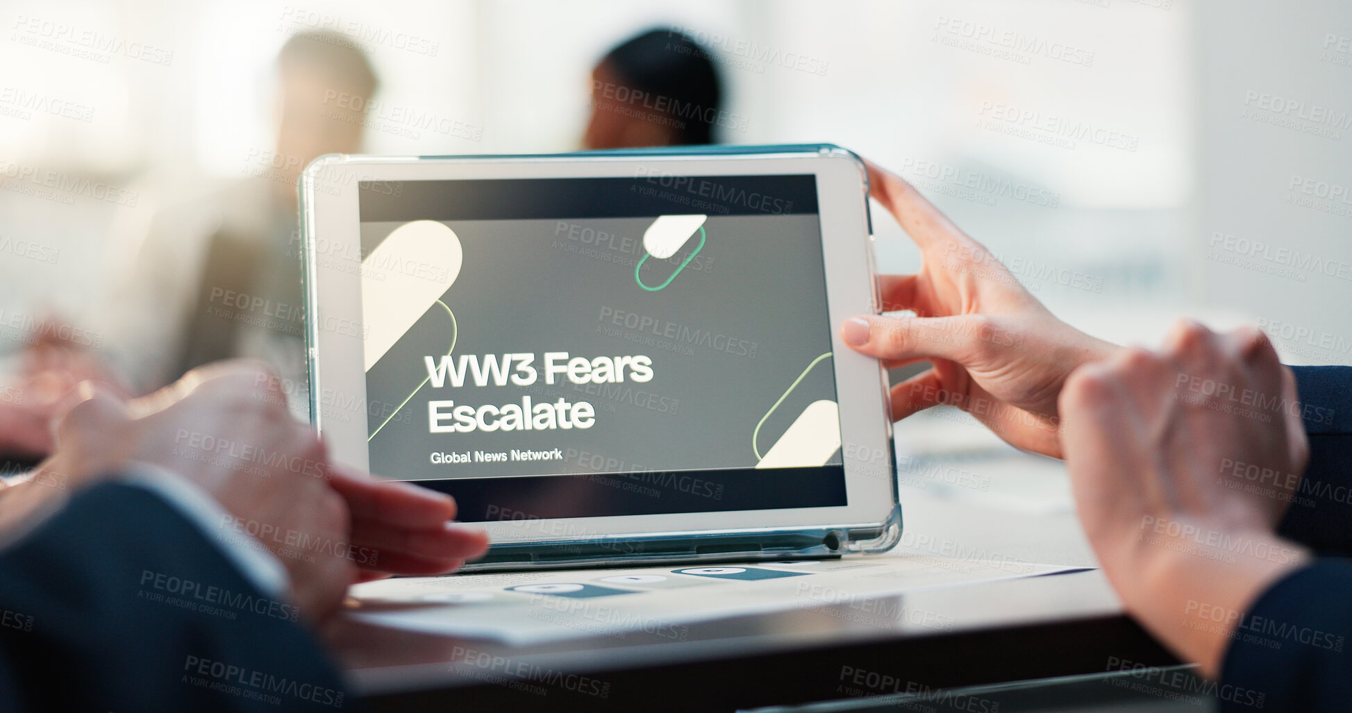 Buy stock photo Hands, business and people with tablet screen in office for world war 3 fears escalate. Staff, team and presentation on global economic risks, international conflict and raise awareness of governance
