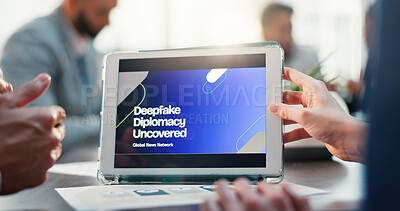 Buy stock photo Business people, hands and meeting with tablet screen for global news, information or network. Closeup, employees or group with technology display or AI for NGO, diplomacy or proposal in workplace