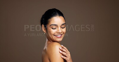 Buy stock photo Happy, woman and bodycare for glow and smile for smooth skin with cosmetics, shine and mockup space. Studio background, person and treatment for skincare, pride and dermatology for beauty or wellness