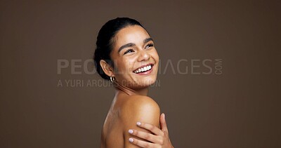 Buy stock photo Thinking, woman and happy with skincare, cosmetics or bodycare for smooth skin or studio background. Mockup space, reflection and person with smile for wellness, dermatology and facial treatment