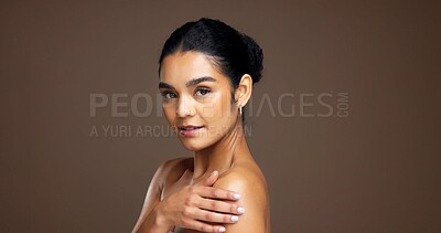 Buy stock photo Portrait, beauty and skincare with confident woman in studio for glow, natural aesthetic. Face, shoulder a female model with cosmetics for dermatology, self care or skin health on background space
